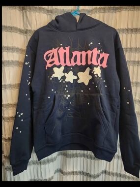 Adams Navy Hoodie with Pink Logo and Cream Star Details